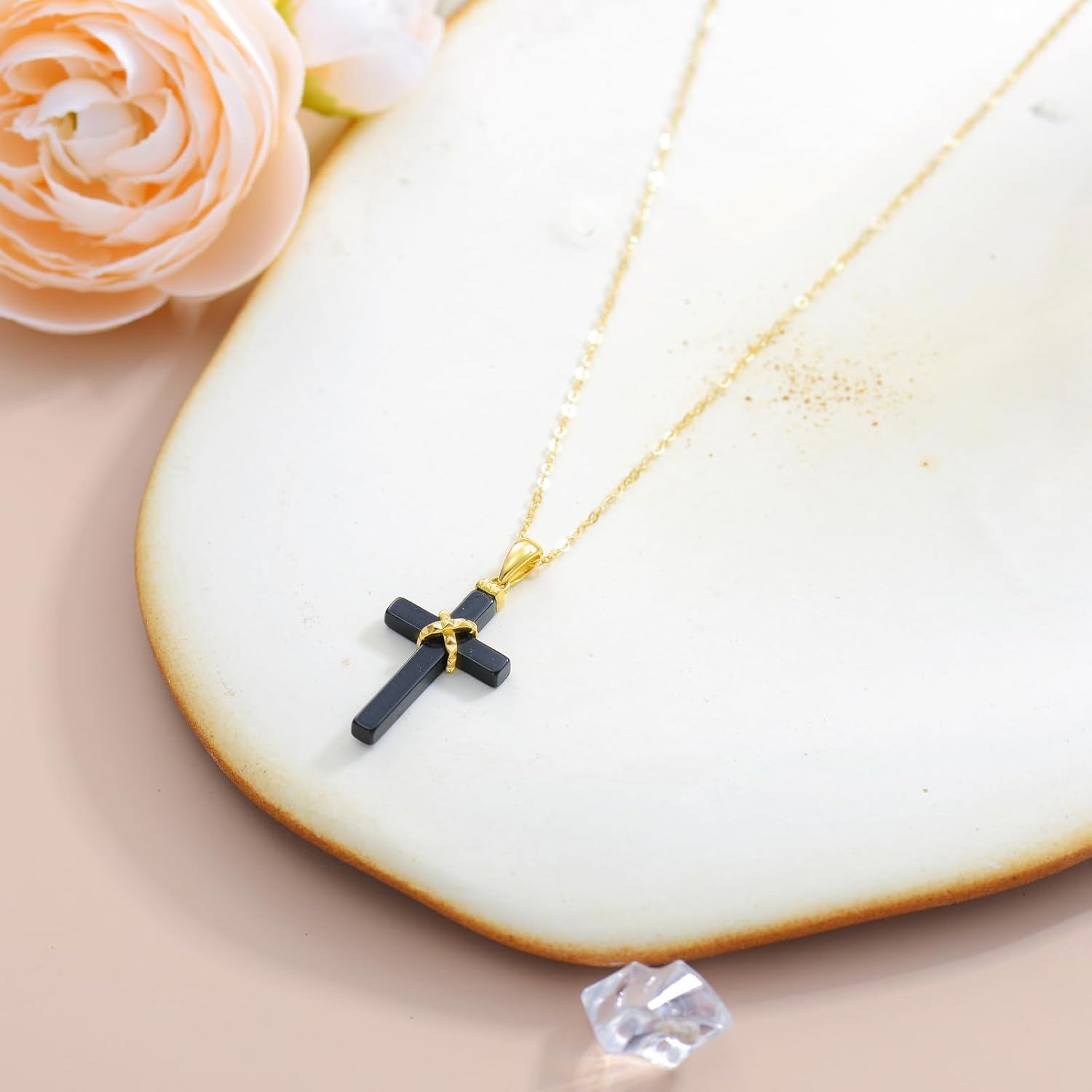 Gold Black Onyx Cross Pendant Necklace