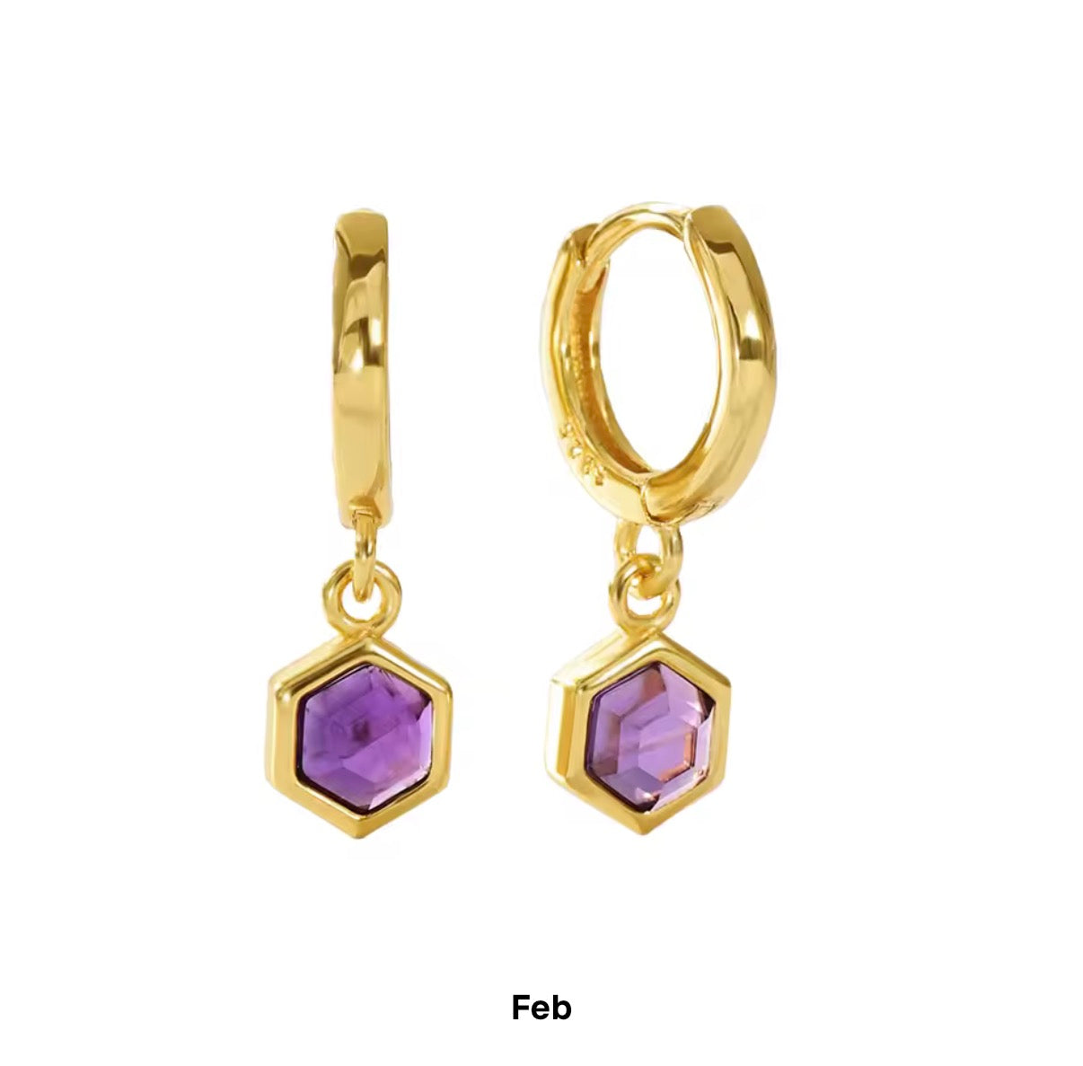 Birthstone Bezel Hexagon Gold Vermeil Drop Hoop Earrings