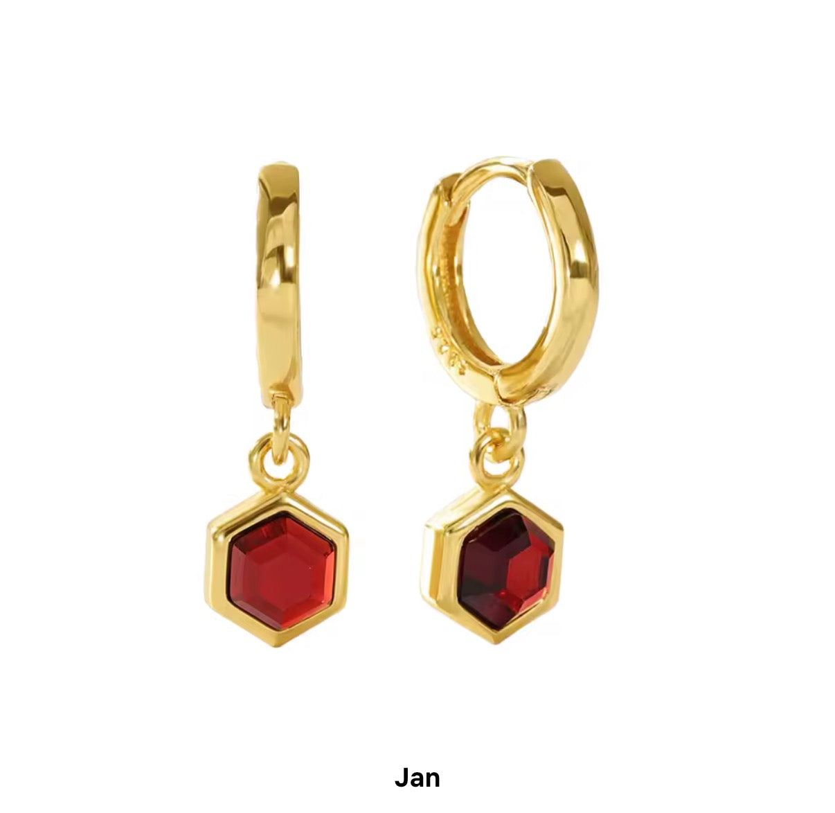 Birthstone Bezel Hexagon Gold Vermeil Drop Hoop Earrings
