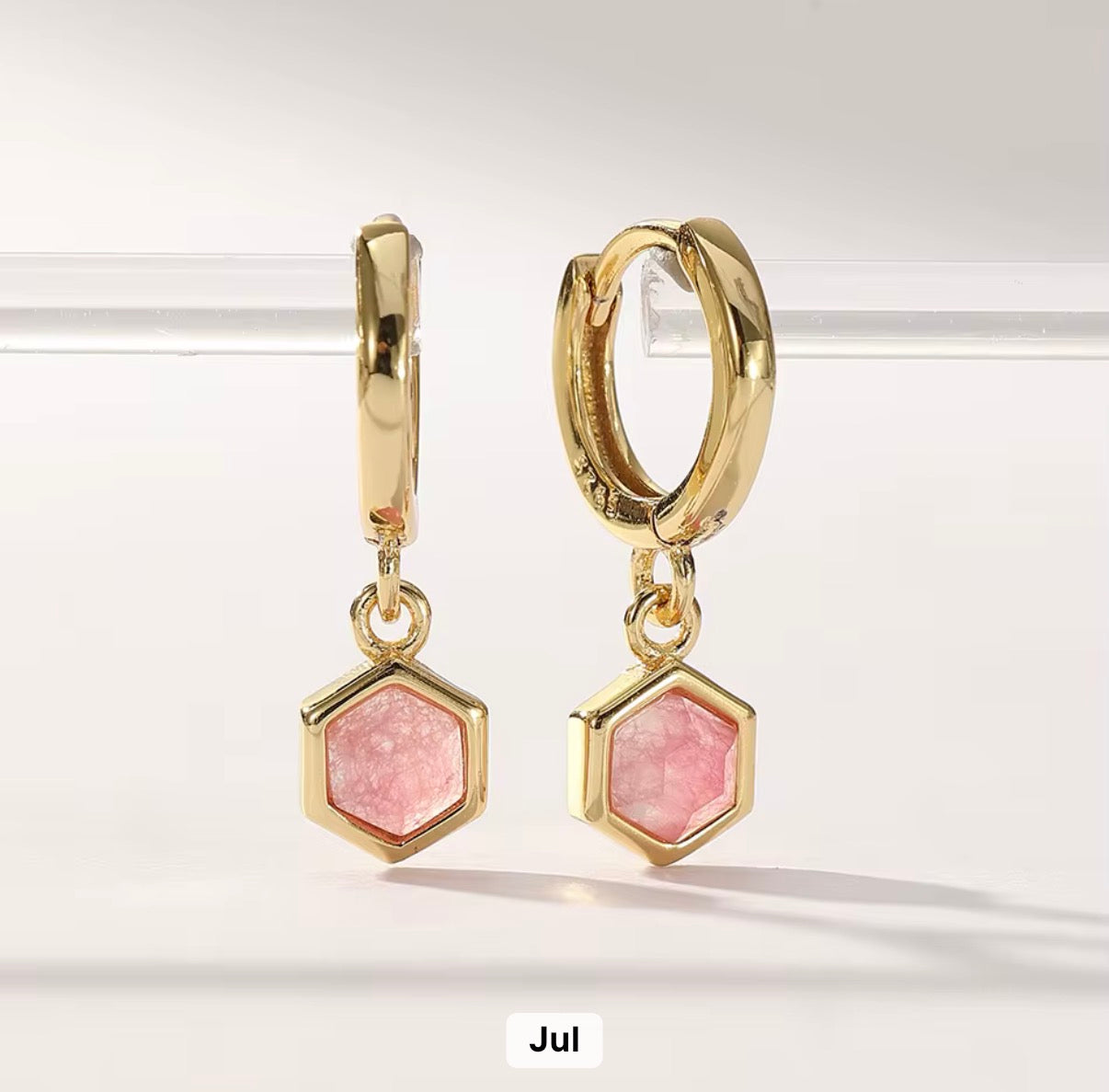 Birthstone Bezel Hexagon Gold Vermeil Drop Hoop Earrings