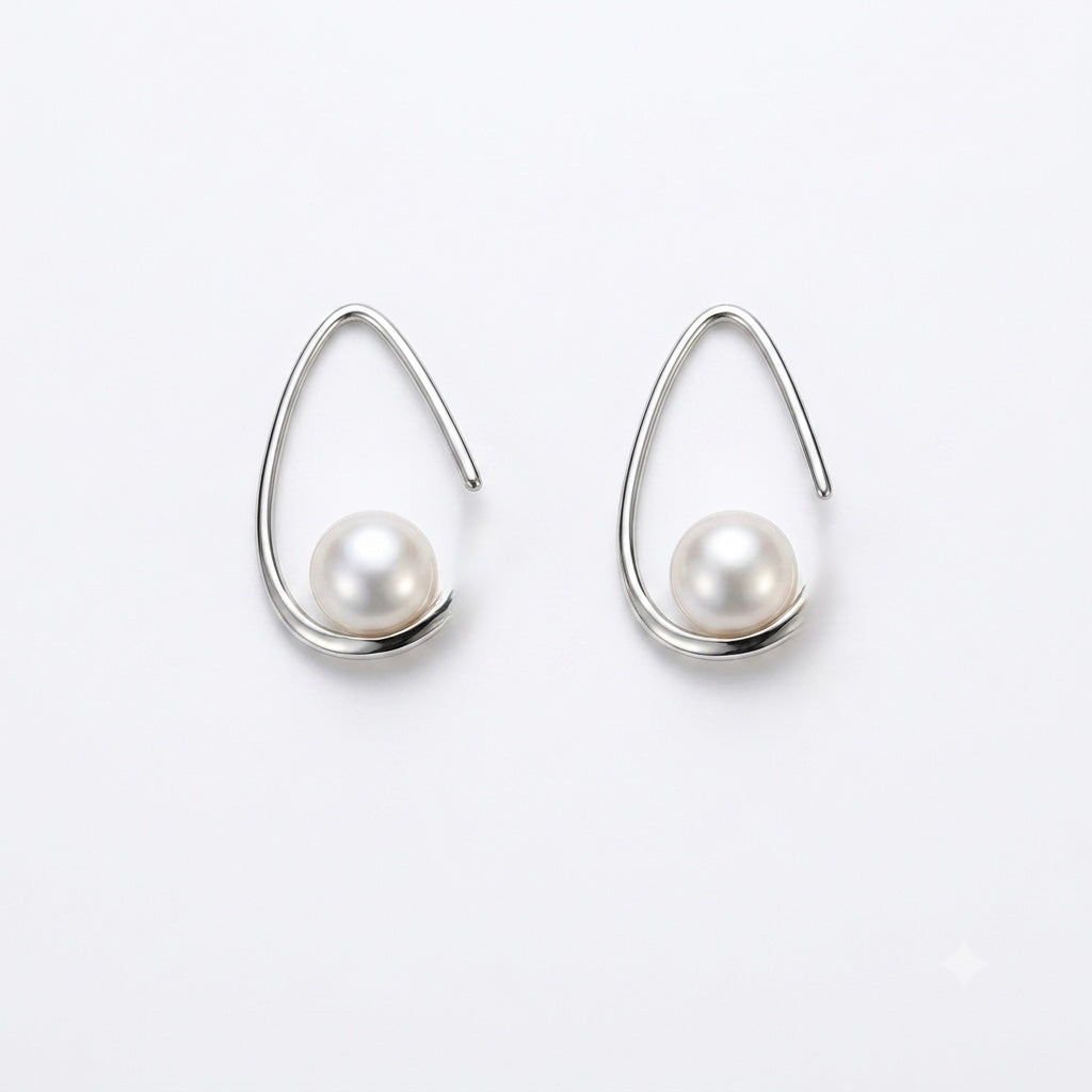 The Crescent with Round Pearl Drop Sterling Silver Earrings