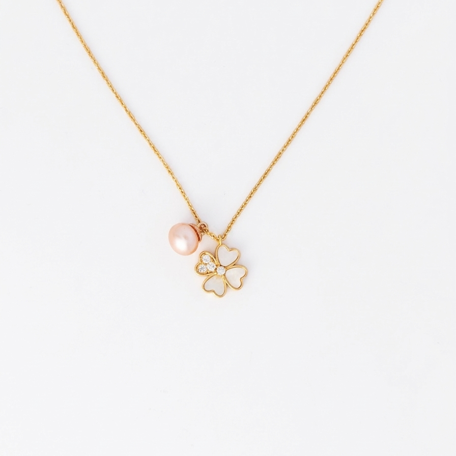 Heart Four-Leaf Clover and Pearl Pendant Necklace