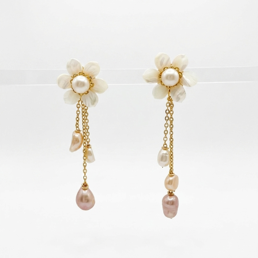 Large Flower & Pearl Drops Earrings