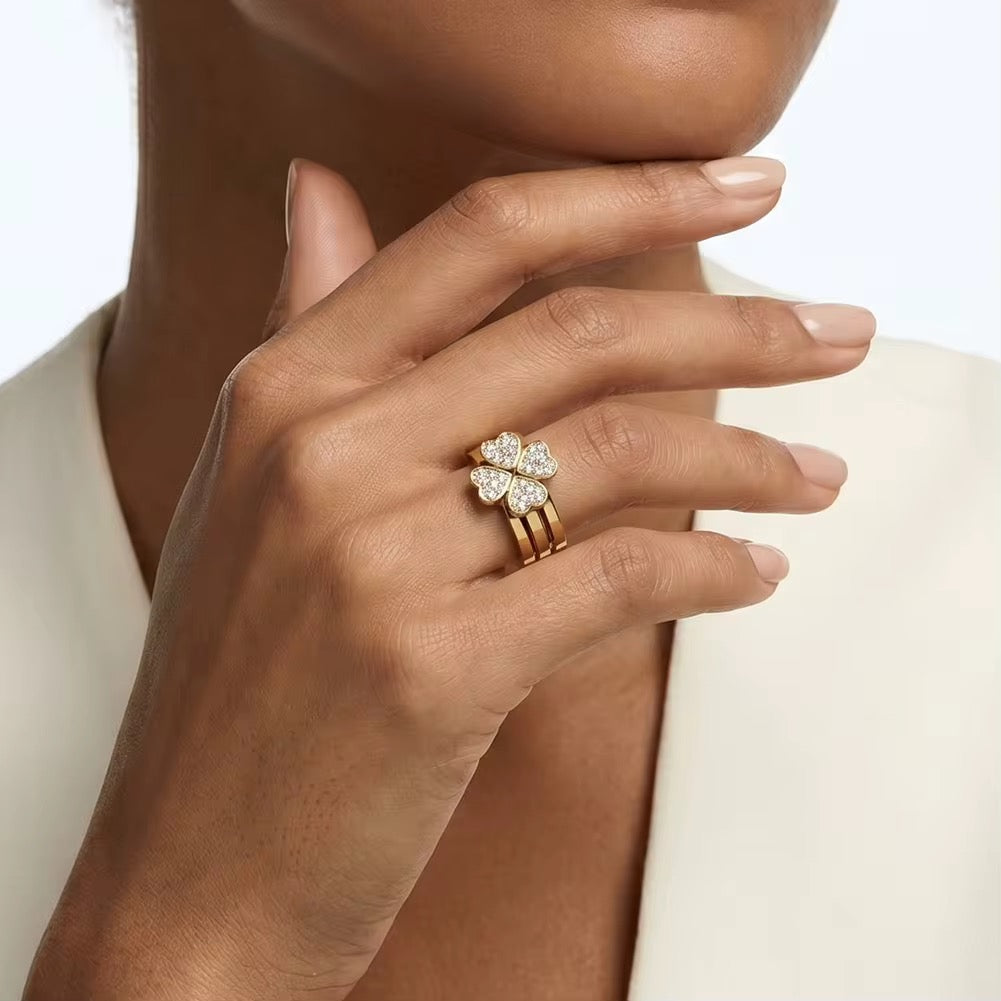 Four Leaf Clover Stainless Steel CZ Ring