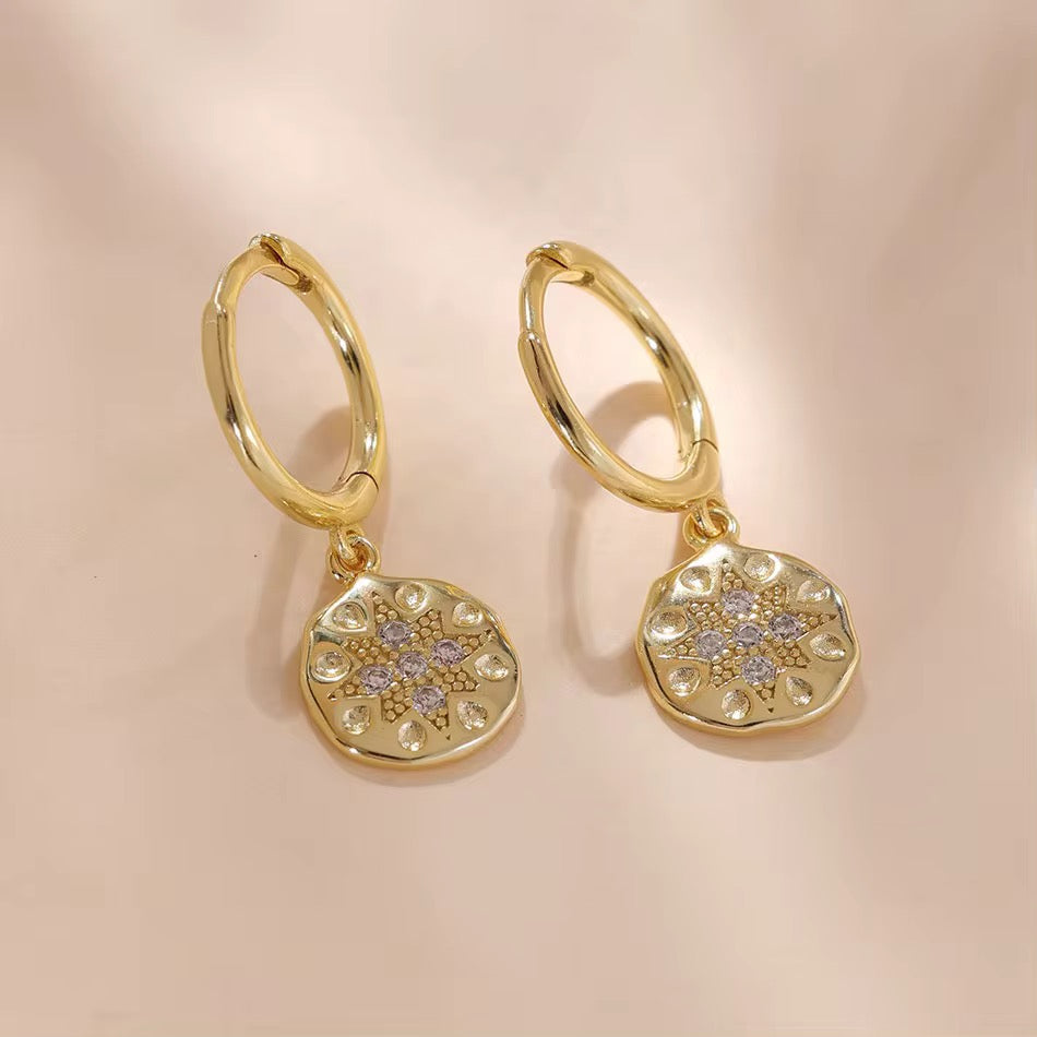 Hammered Coin Starburst Gold Vermeil Dangle Earrings