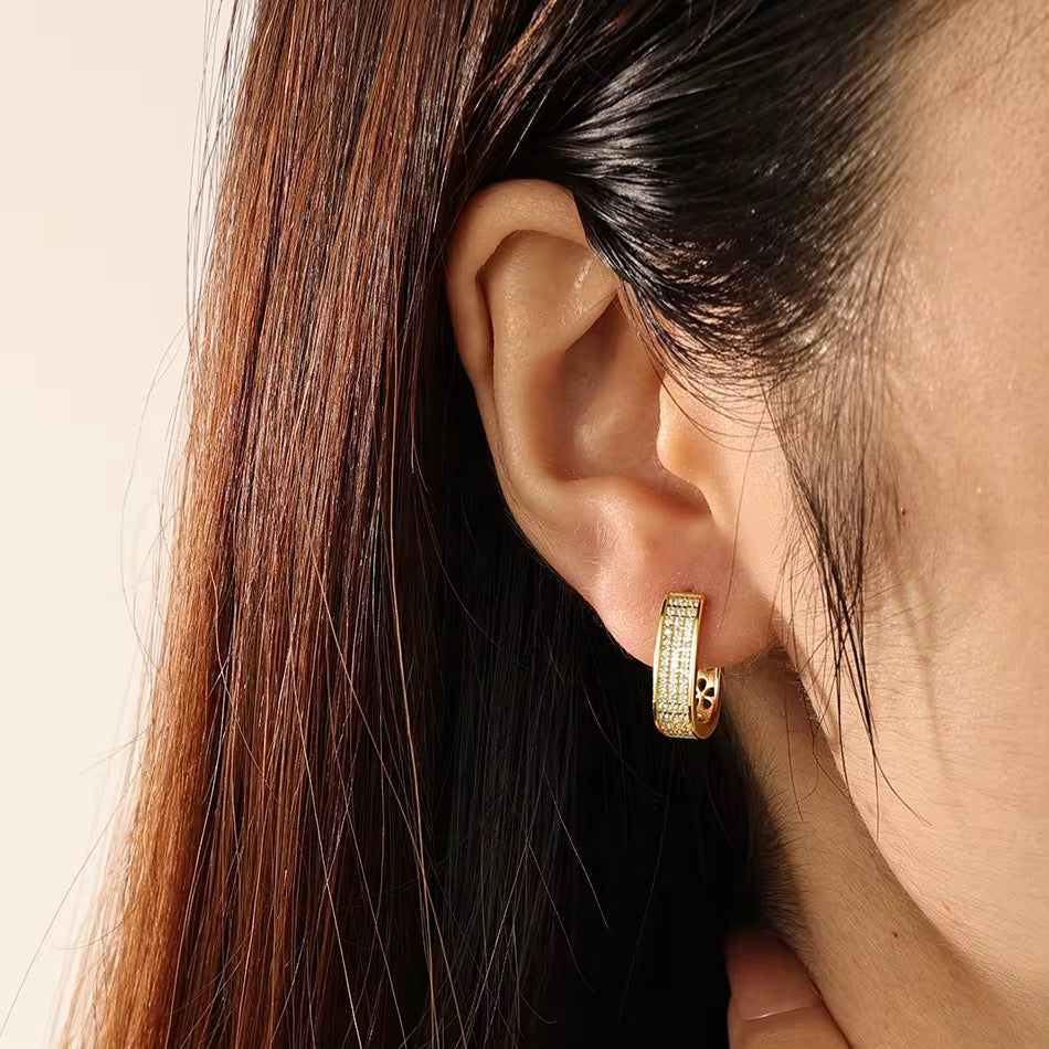 Triple CZ Oval Gold Vermeil Huggie Hoop Earrings