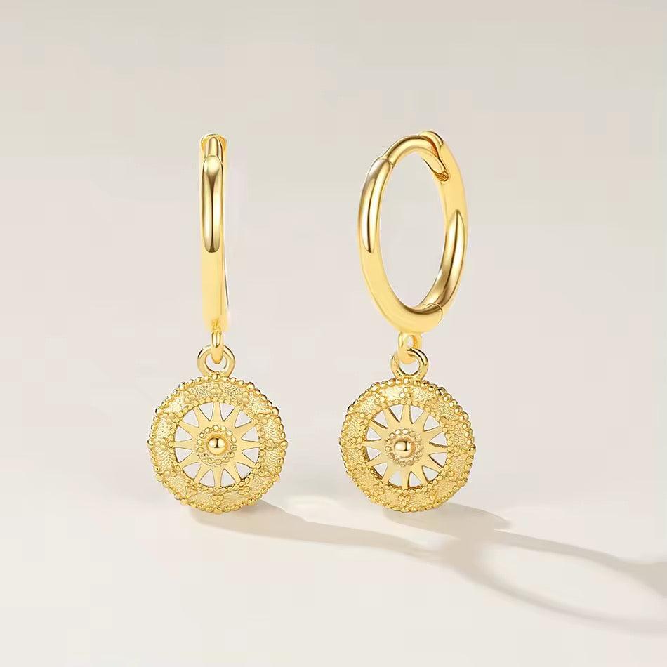 Sunburst Coin Dangle Gold Vermeil Hoop Earrings