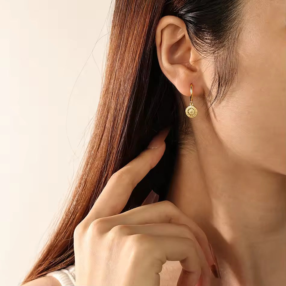 Sunburst Coin Dangle Gold Vermeil Hoop Earrings