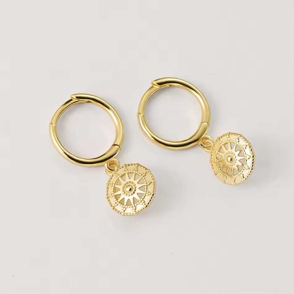 Sunburst Coin Dangle Gold Vermeil Hoop Earrings