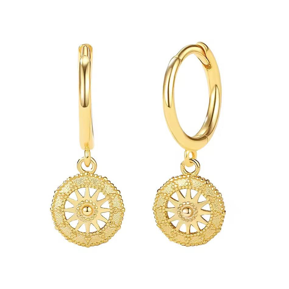 Sunburst Coin Dangle Gold Vermeil Hoop Earrings