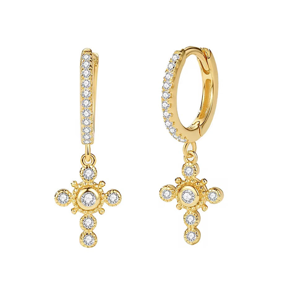 CZ Cross Drop Gold Vermeil Hoop Earrings