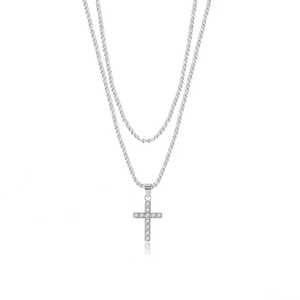 Double Chain Cross Necklace Sterling Silver