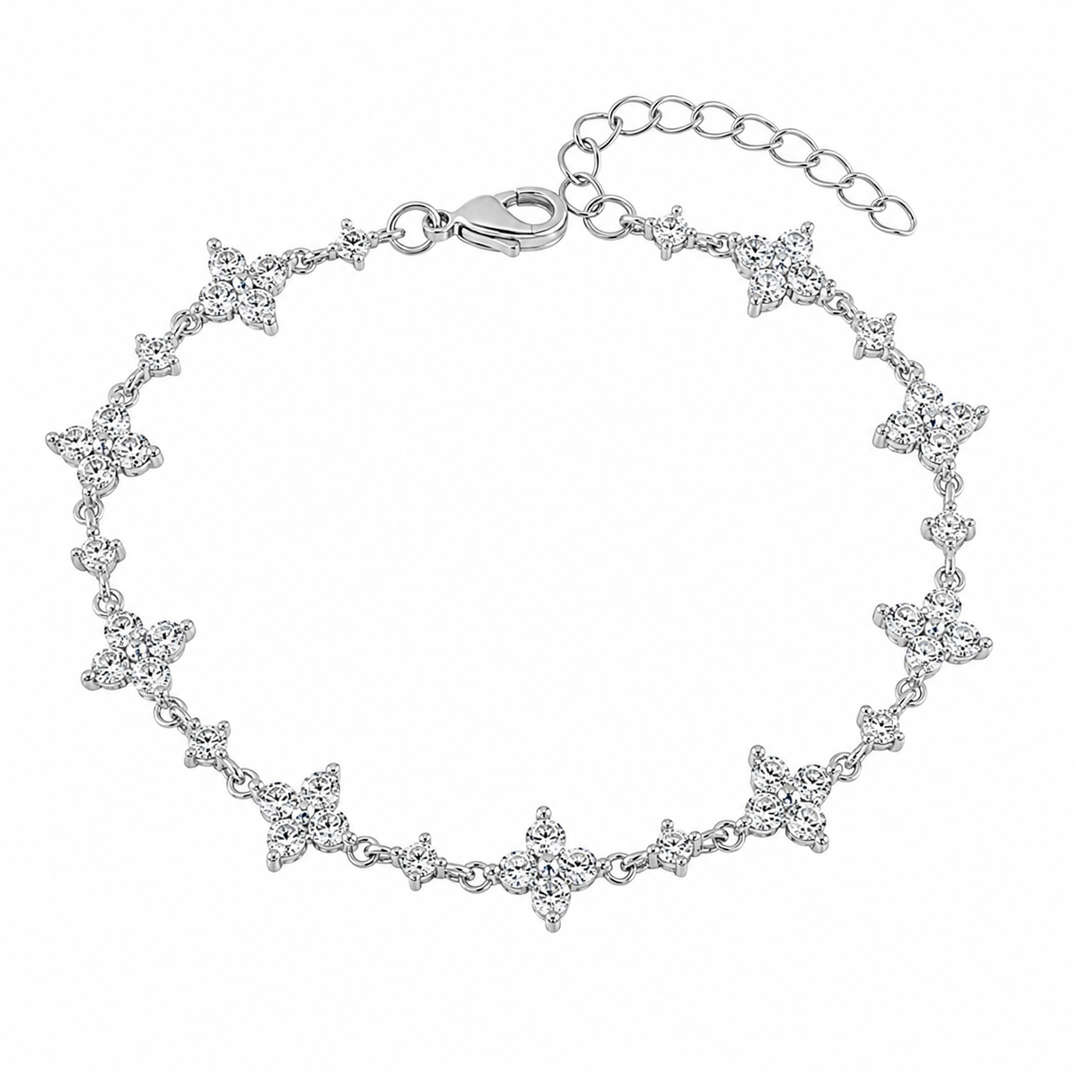 A silver-toned bracelet featuring multiple star-shaped motifs set with clear cubic zirconia stones, complete with a lobster clasp and an extender chain, shown on a plain white background.