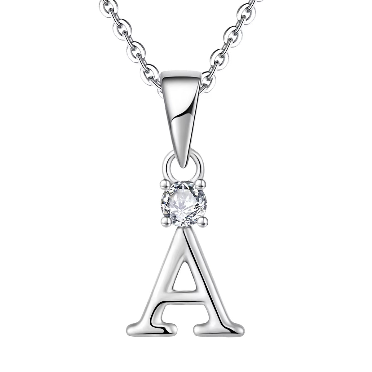 A sterling silver initial pendant necklace featuring the letter 'A' with a clear round-cut gemstone set in the center, suspended from a delicate link chain against a solid white background.