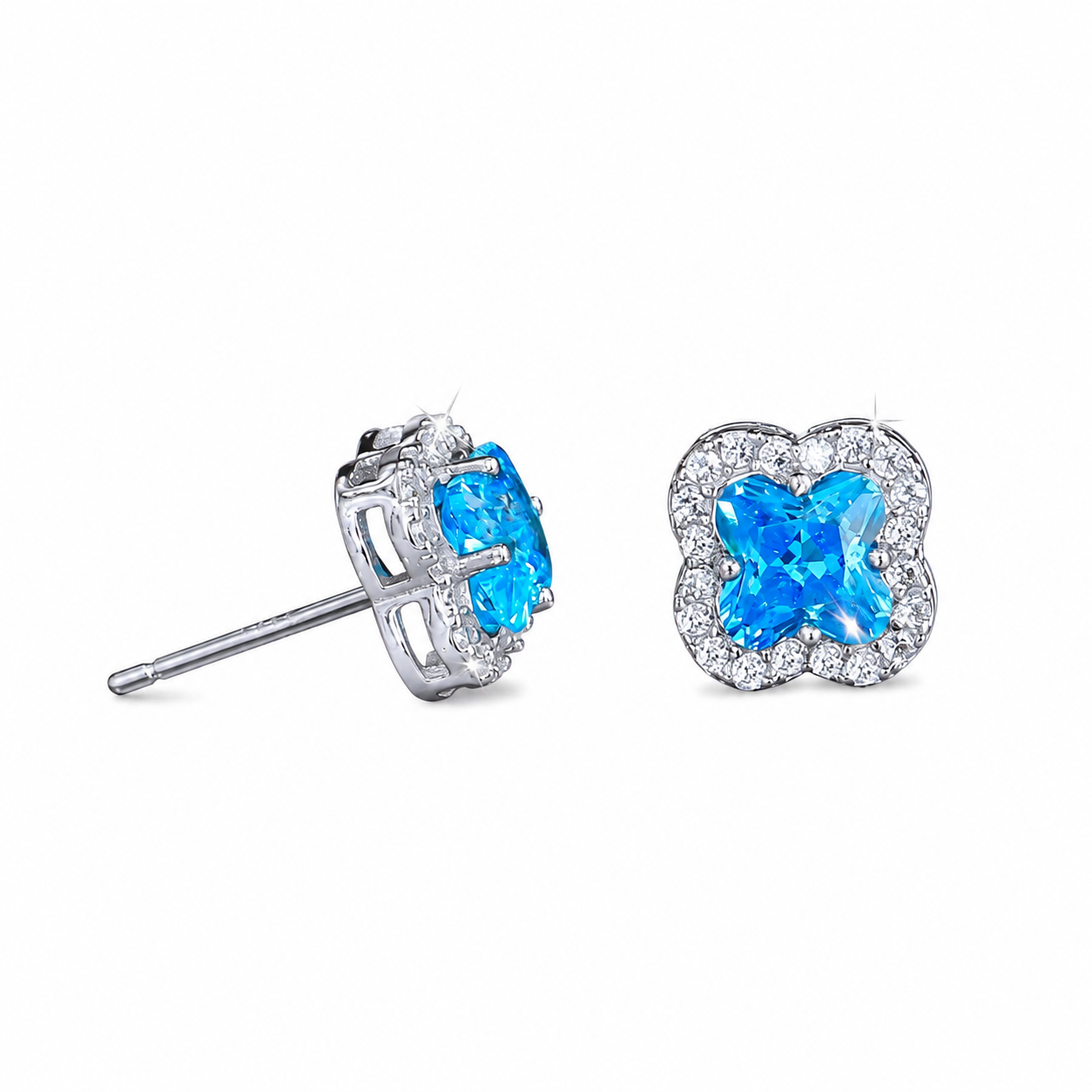 Aquamarine Clover Stud Earrings Sterling Silver