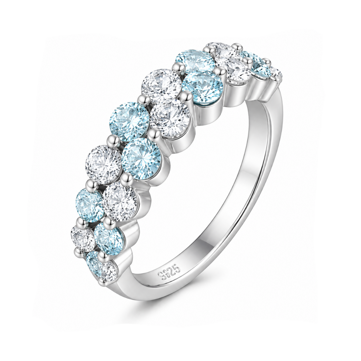 A silver-colored diamond eternity ring featuring alternating light blue and clear round-cut diamonds, set on a white background with a 925 sterling silver hallmark visible on the band.
