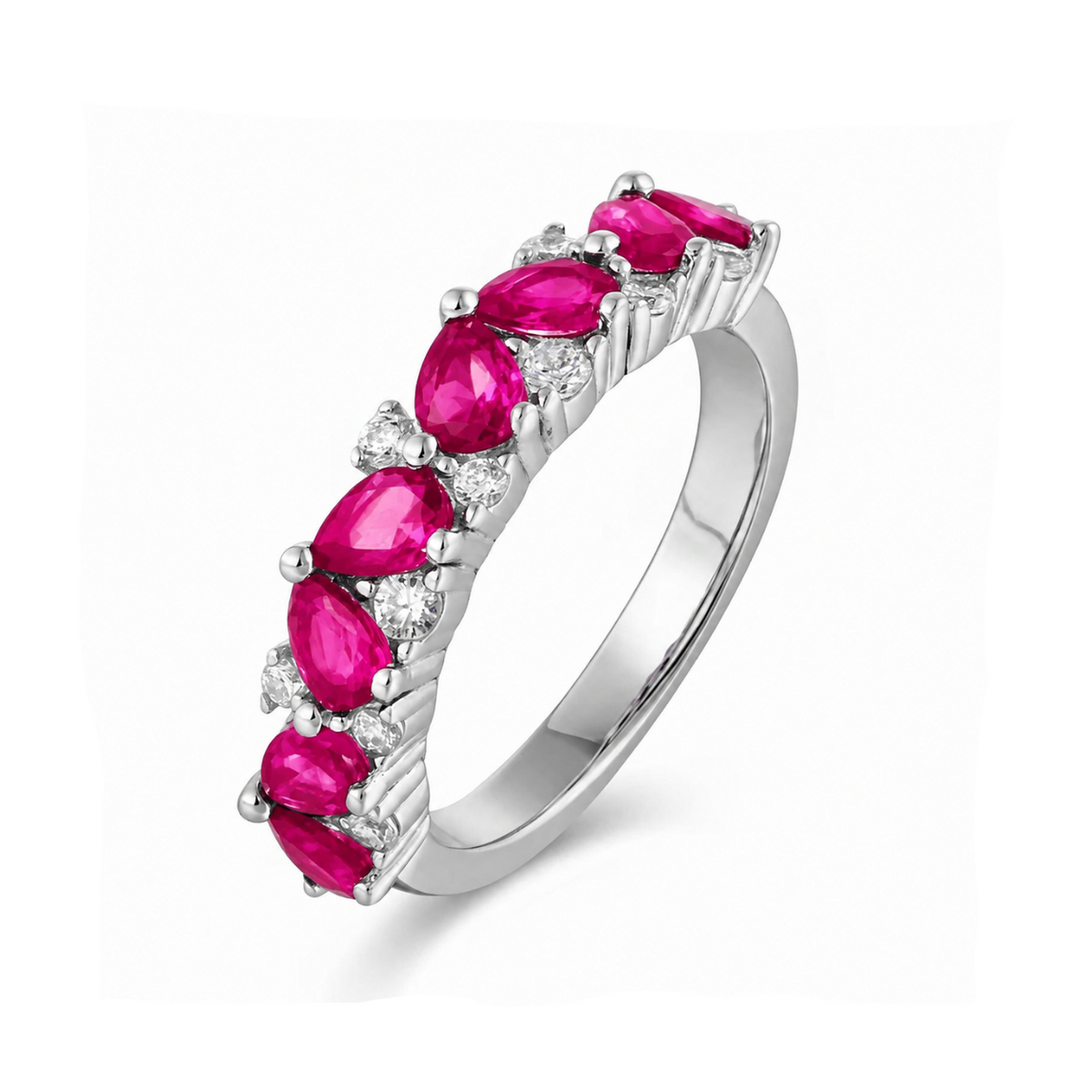 A silver-tone ring featuring a row of marquise-cut pink gemstones and small clear accent stones, shown on a clean white background.