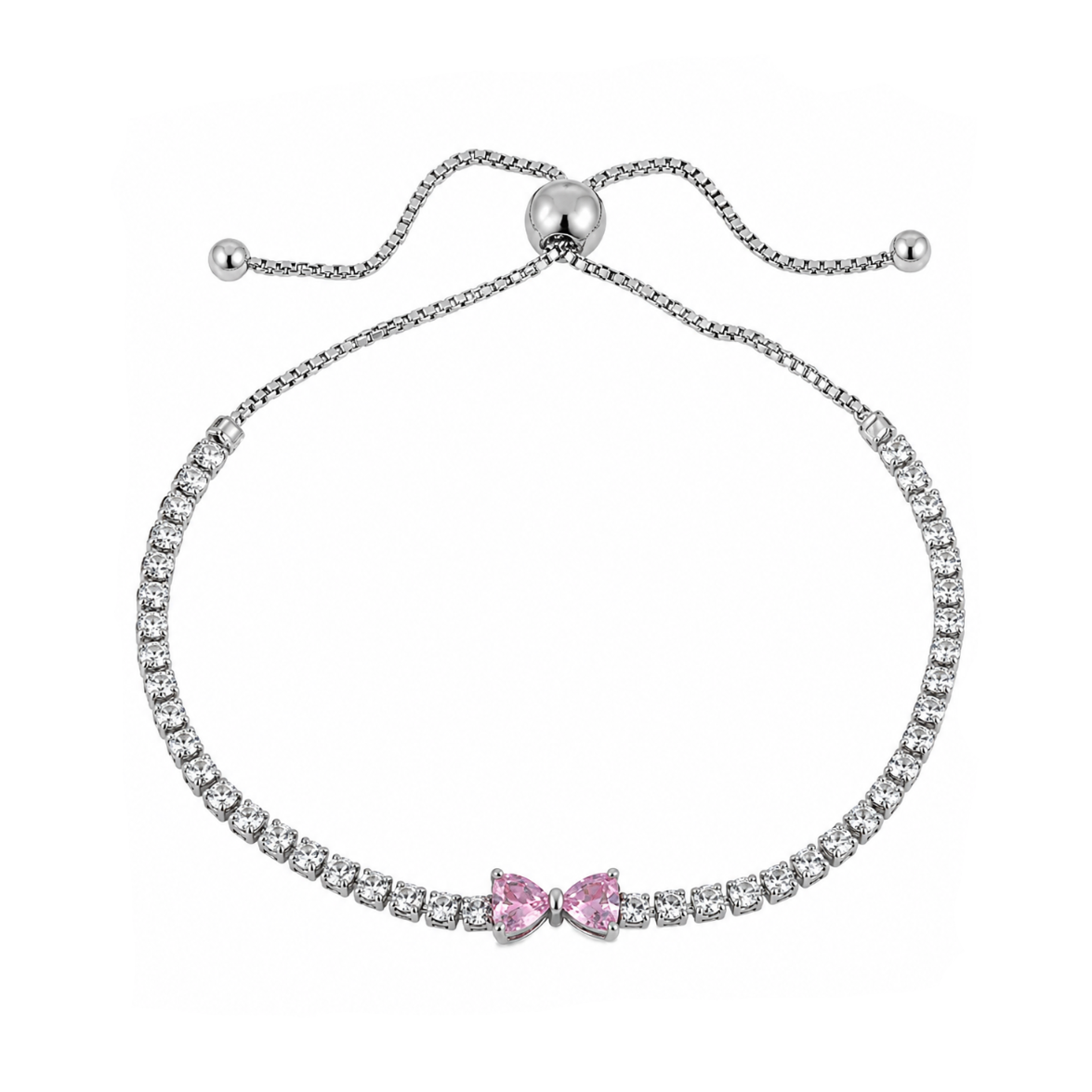 A silver-toned cable chain bracelet with a row of clear cubic zirconia stones and a small pink bow charm at the center, shown on a plain white background.