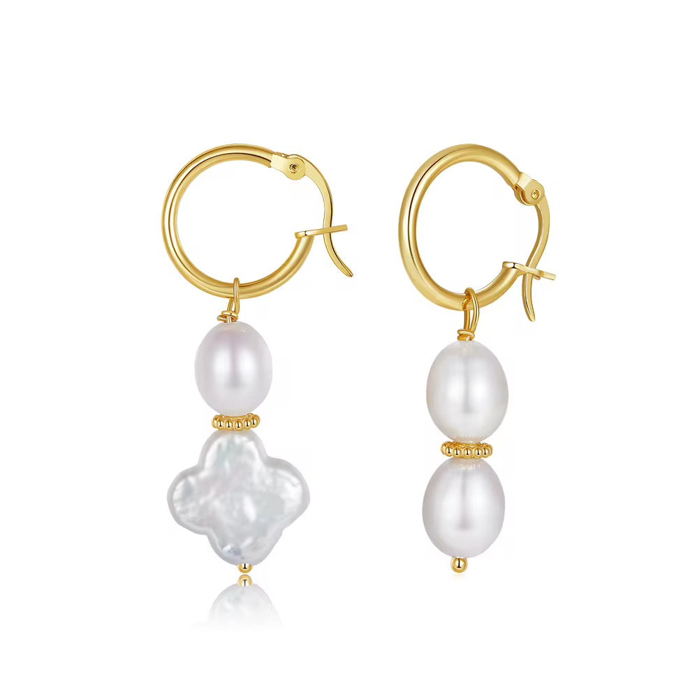 Pearl Earrings Four Leaves Shaped