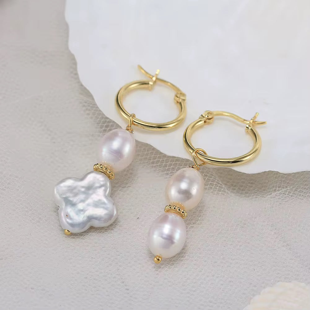 Pearl Earrings Four Leaves Shaped