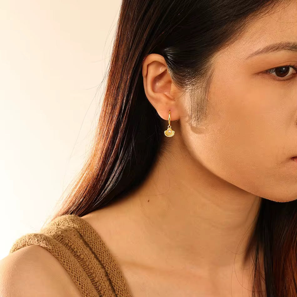 Sea Shell Pearl Hoop Dangle Earrings