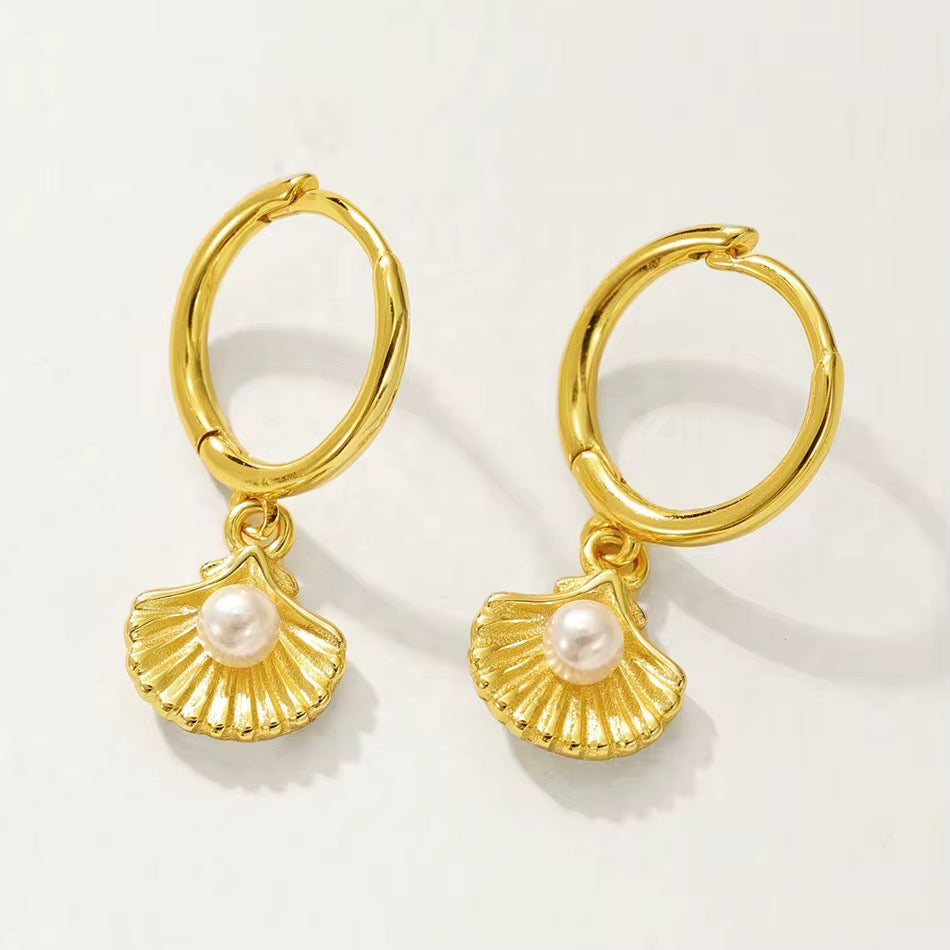 Sea Shell Pearl Hoop Dangle Earrings