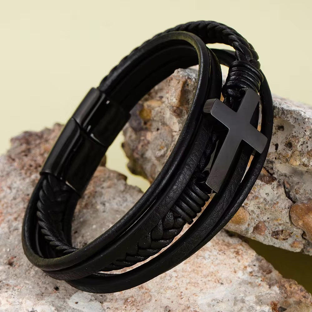 Men Leather Cross Bracelet