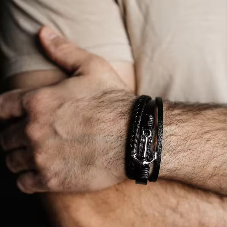 Men Leather Anchor Bracelet