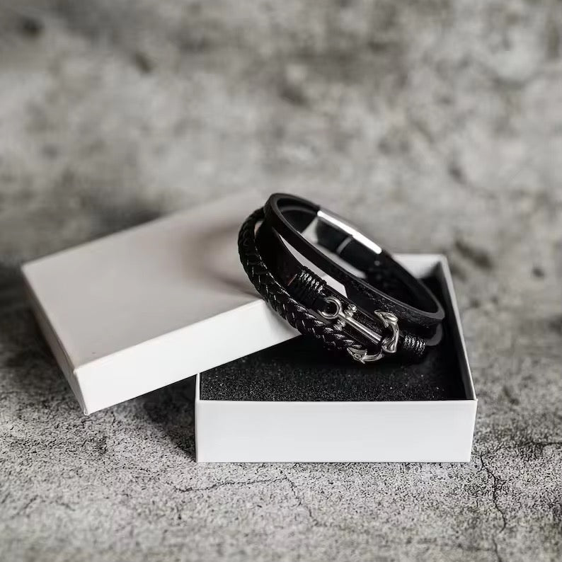Men Leather Anchor Bracelet