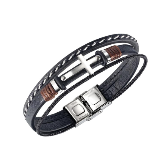 A multi-strand leather bracelet featuring black textured leather, braided black cord, a silver-toned cross charm, and brown leather wrap accents, shown on a plain white background.
