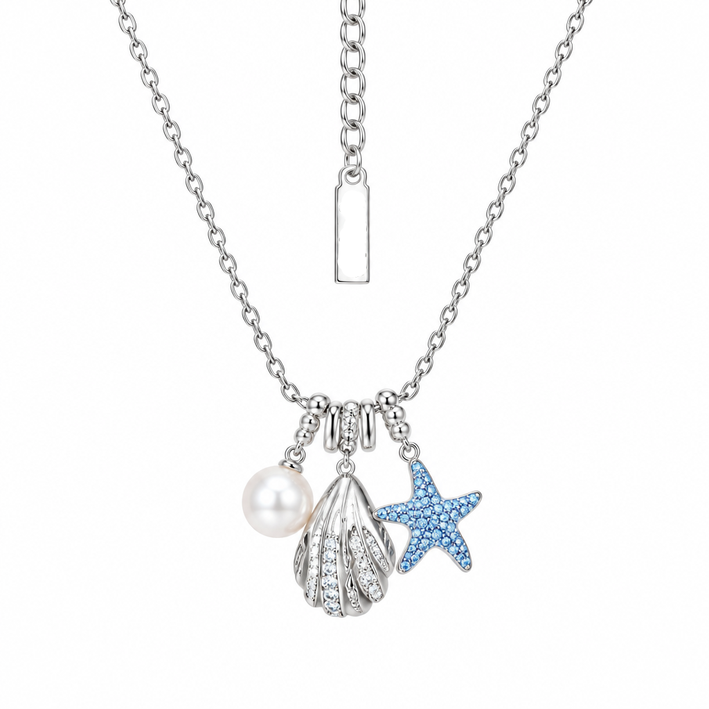 Necklace with shell, pearl, and starfish charms on a white background
