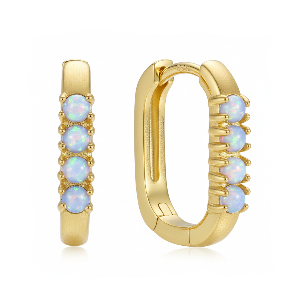 Gold hoop earrings with opal gemstones on a white background