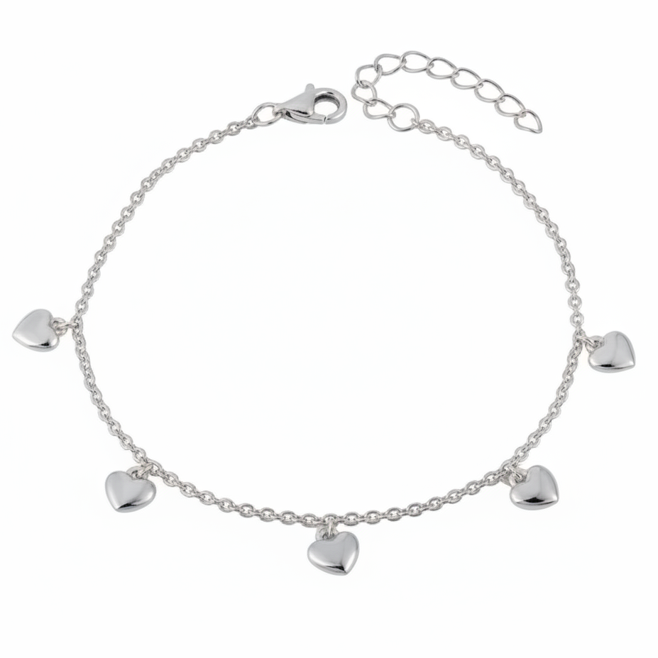 A silver chain bracelet featuring five small, polished heart charms spaced along the chain, with a lobster clasp and an adjustable extension chain, shown on a plain white background.