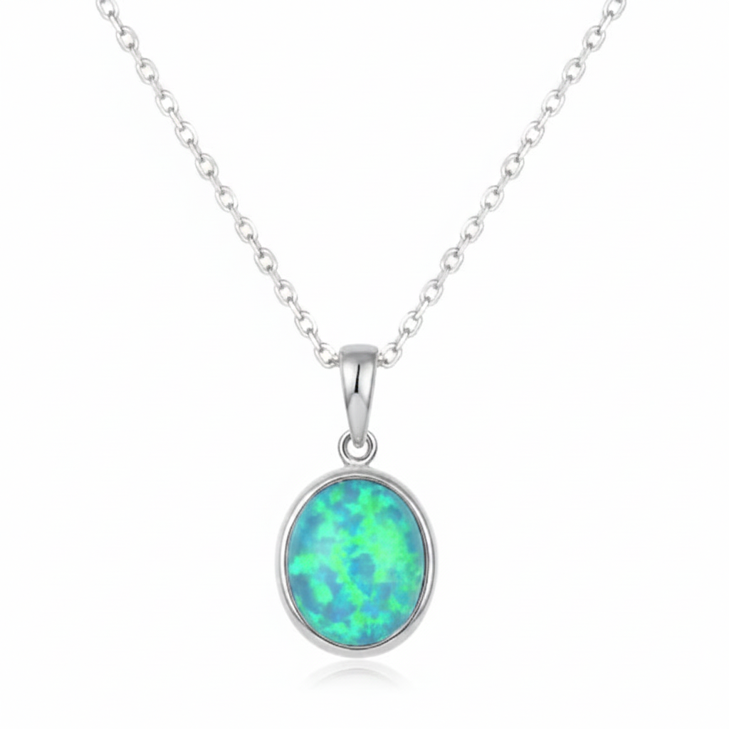 Oval Opal Pendant Necklace — Sterling Silver