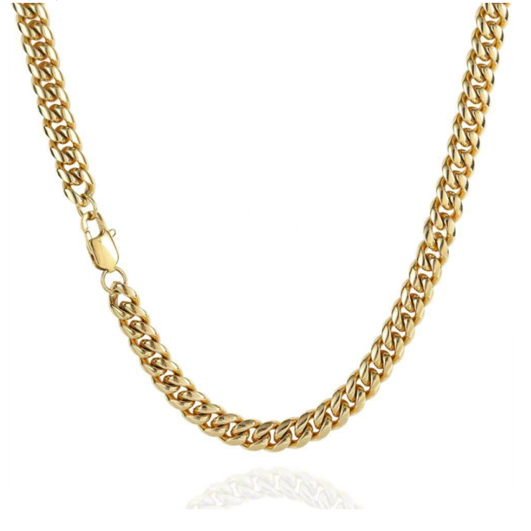 A polished yellow gold Cuban link chain necklace with a lobster clasp, displayed on a clean white background with a subtle reflection below.
