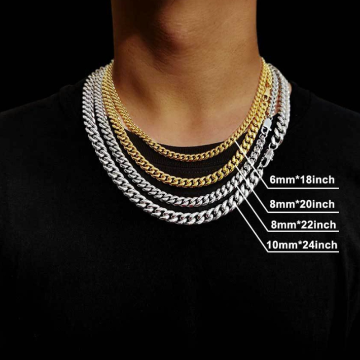 Three chain necklaces of different sizes on a black background