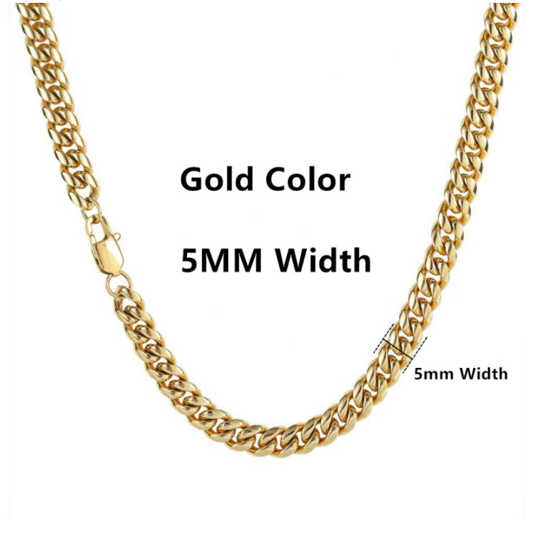 Gold-colored Cuban link chain necklace shown on a white background with text overlays indicating 'Gold Color' and '5MM Width'.