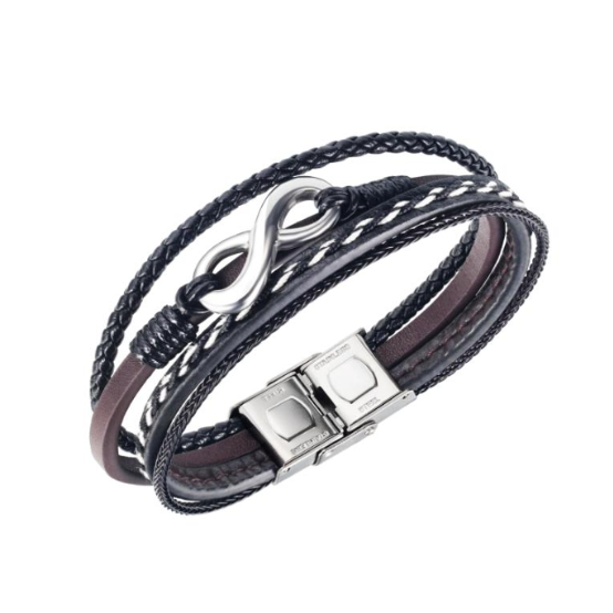 A men's multi-strand leather bracelet featuring black braided cords, a brown leather band, white stitching, and a polished silver infinity link charm, shown on a white background.
