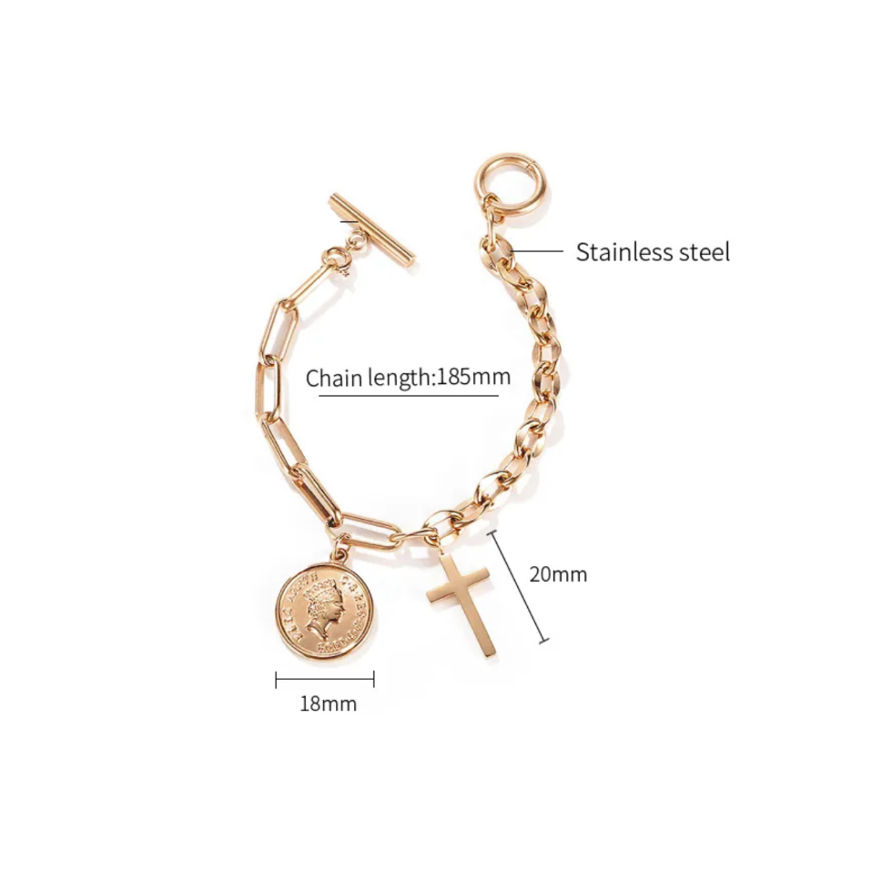 Rose gold chain bracelet with a coin charm, cross charm, and toggle clasp, shown with measurement labels and text noting stainless steel and chain length on a white background.
