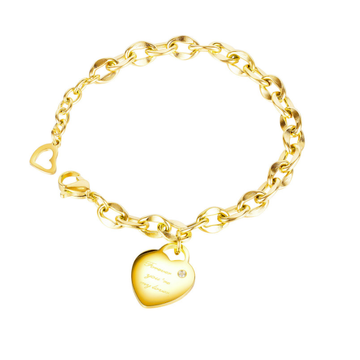 A gold chain bracelet with a heart-shaped pendant engraved with 'forever you are my best dream', displayed on a clean white background.