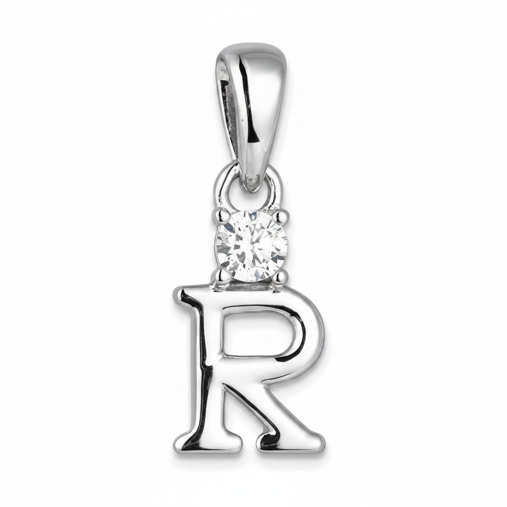 A silver letter 'R' initial pendant charm with a small clear gemstone set in the top loop, shown on a plain white background.