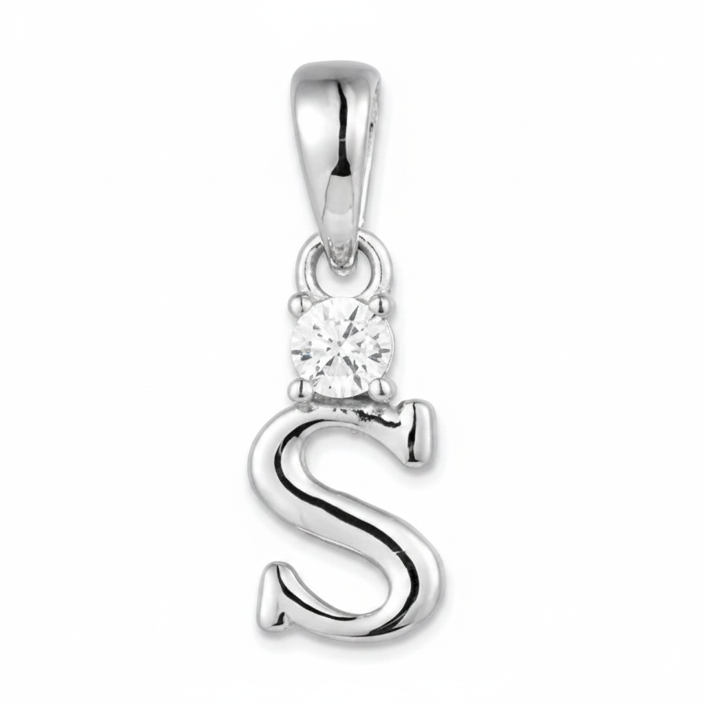 A sterling silver initial pendant shaped like the letter 'S', featuring a small clear round-cut gemstone at the top, set against a plain white background.