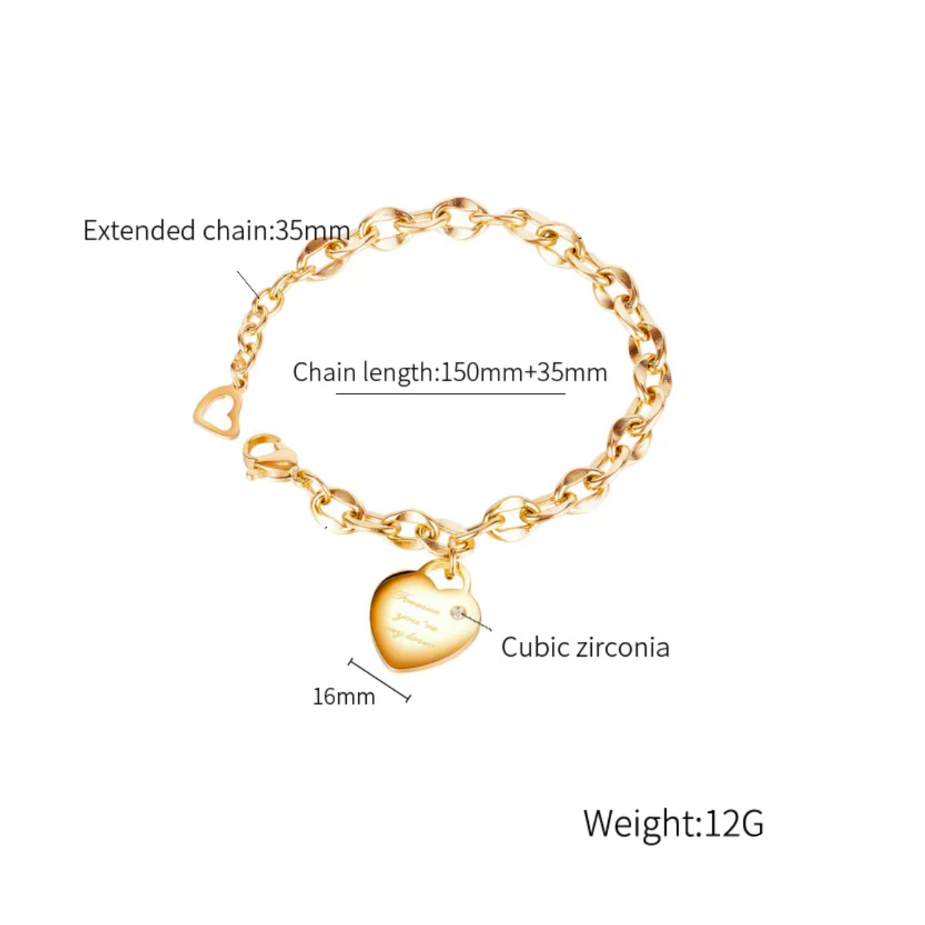 Gold-tone chain bracelet with a heart-shaped cubic zirconia pendant, shown on a white background with text labels indicating rose gold plating, stainless steel construction, extended chain length, chain length, pendant size, and weight 12G.