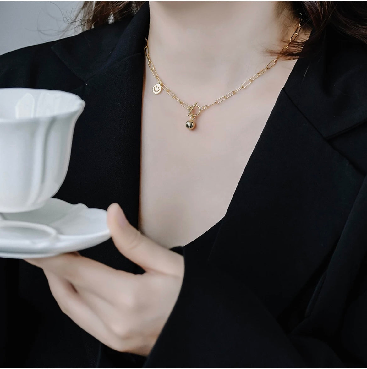 Smiley Face Gold Ball Pendant Necklace image 2