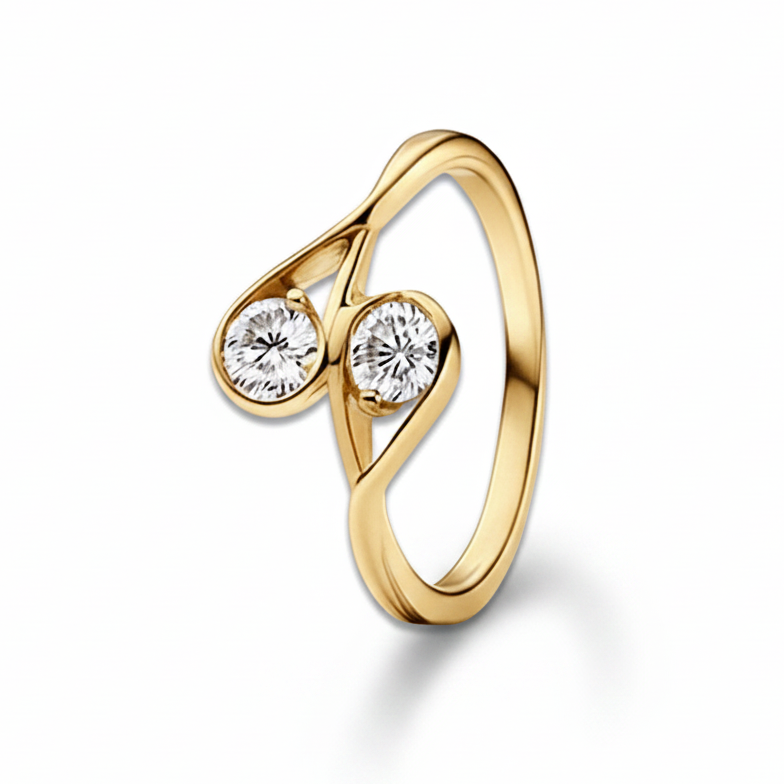 Infinity Gold ring with two diamonds on a white background