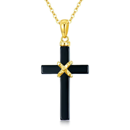 Gold Black Onyx Cross Pendant Necklace