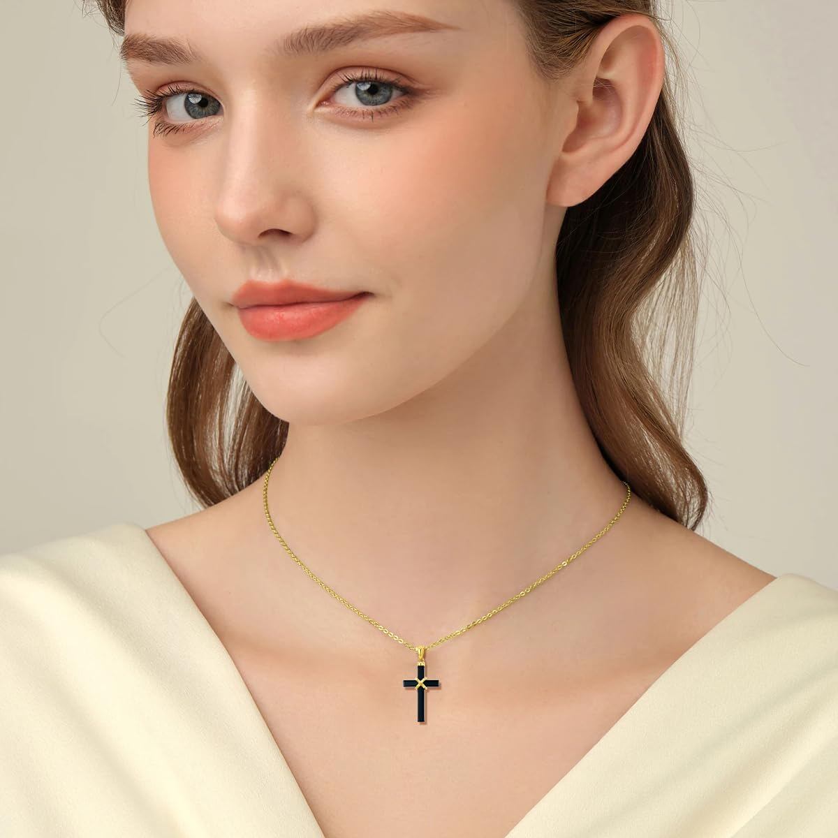 Gold Black Onyx Cross Pendant Necklace