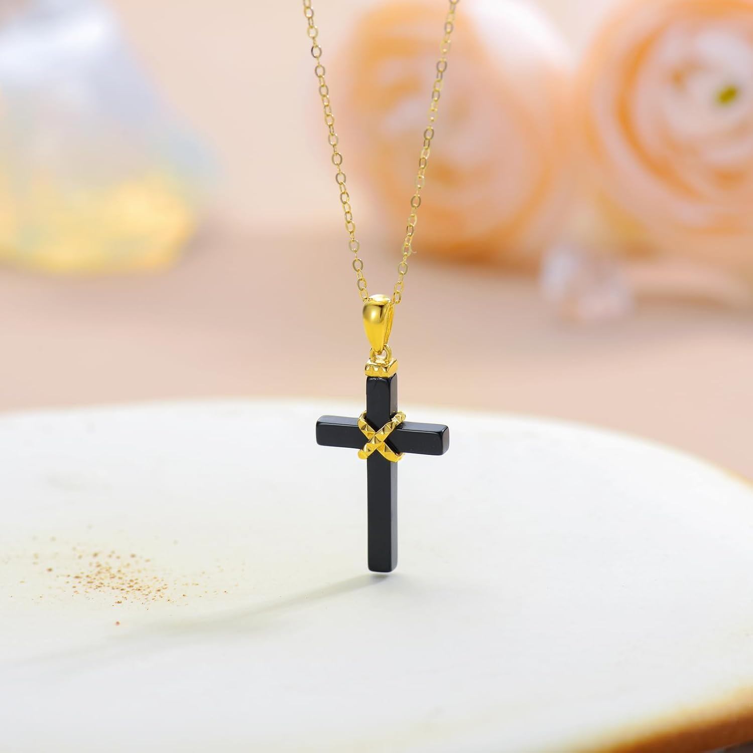 Gold Black Onyx Cross Pendant Necklace