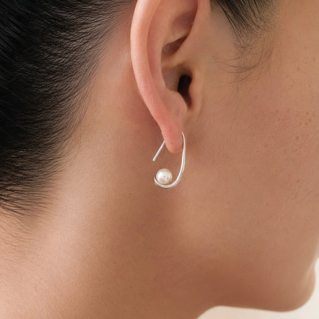 The Crescent with Round Pearl Drop Sterling Silver Earrings