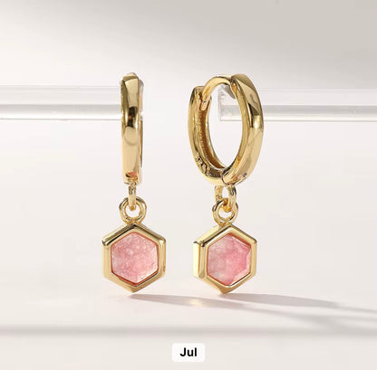 Birthstone Bezel Hexagon Gold Vermeil Drop Hoop Earrings